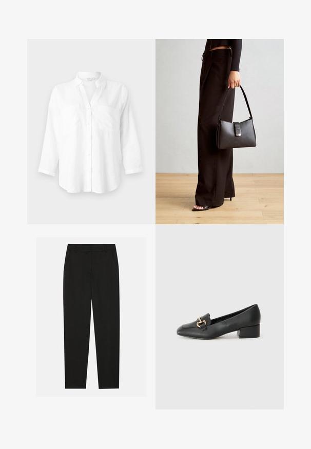 Weißes Leinenhemd mit Kragen, langen Ärmeln und zwei vorderen Taschen. Mit Knopfverschluss und einem entspannten, leicht geschwungenen Saum.; Schwarze Hosen mit taillierter Passform, ausgestattet mit seitlichen Taschen und geradem Bein. Hergestellt aus glattem, leichtem Stoff mit einem eleganten Finish.; Schwarze Lederloafers mit flachem Absatz, die auf der Vorderseite ein dekoratives goldfarbenes Hardware-Detail und eine glatte Textur aufweisen.; Schwarze Handtasche mit strukturierter Form, glatter Textur und einem metallischen Verschluss. Kombiniert mit weiten schwarzen Hosen und offenen Sandalen auf einem Holzboden.
