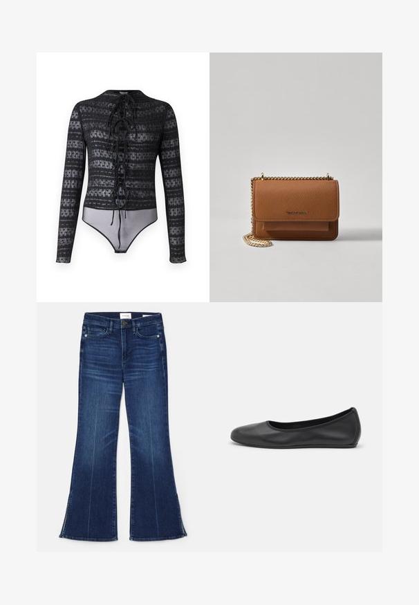 Hofmann Copenhagen EXCLUSIVE MIRELLA - Camicetta - black; Jeans a zampa d'elefante blu scuro in denim. Caratterizzati da una vita alta, tasche anteriori e dettagli con spacco all'orlo. Design classico a cinque tasche.; Pantofole da balletto nere in pelle con punta arrotondata, texture liscia, dettagli di cucitura minimi e design con suola flessibile.; Borsa a tracolla in pelle marrone con texture, dotata di catena dorata e chiusura a pattina. Sul davanti presenta un dettaglio con logo e una tasca sotto la pattina.