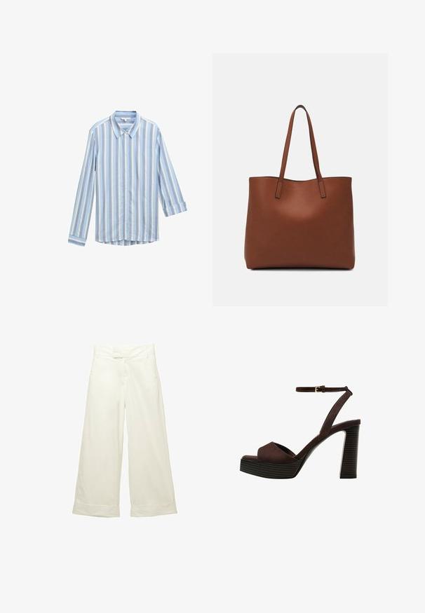 Světle modrá košile na knoflíky s vertikálními bílými a tmavšími modrými pruhy, dlouhé rukávy ohrnuté v manžetách a klasický design límce.; Široké kalhoty z jemné krémové látky. Mají plochý pas a ohrnuté manžety. Hladký povrch s čistým, minimalistickým designem.; Hnědé semišové sandály na vysokém podpatku s otevřenou špičkou, nastavitelným páskem kolem kotníku a proužkovou platformou.; Hnědá kožená taška přes rameno s hladkou texturou, otevřeným designem a dvěma ramenními popruhy. Obsahuje minimální švy a žádné viditelné kovové prvky.