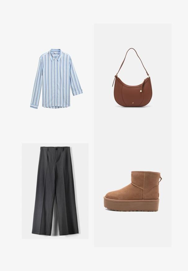 Camicia azzurro chiaro con righe verticali bianche e blu scuro, maniche lunghe arrotolate ai polsi e design con collo classico.; Pantaloni a gamba larga in tessuto grigio scuro, dotati di chiusura con bottone, pieghe frontali e passanti per cintura. Texture liscia con un design su misura.; Stivale alla caviglia in suede beige con suola platform, punta rotonda e dettagli di cucitura; presenta un inserto sul retro per una facile calzata.; Borsa a spalla in finta pelle marrone con forma curvata, cuciture minime e un accento in metallo dorato. Presenta una chiusura con zip superiore e una tracolla regolabile.