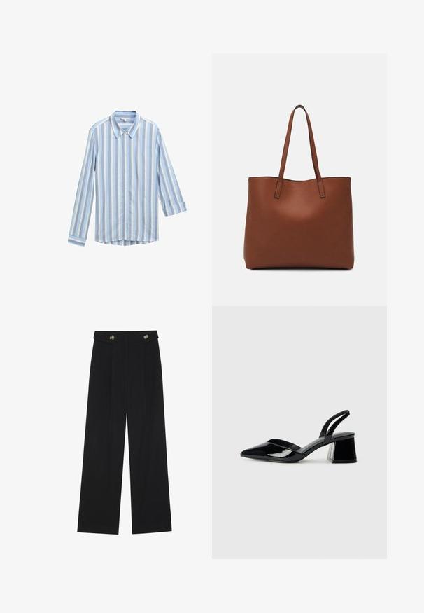 Hele sinine nööpidega särk, millel on vertikaalsed valged ja tumedamat sinist triibu, pikad varrukad, mis on mansettides üles keeratud, ja klassikaline kraedetail.; Mustad laiad püksid kõrge vöökoha ja nööpdetailidega vööandil, esikortsudega.; Mustad musta lakknahk kingad, millel on terav varvas ja geomeetriline plokkkonts. Omab elegantselt minimalistlikku disaini ja sujuvat tekstuuri.; Pruun nahast tote-kott, millel on sile tekstuur, avatud ülaosa disain ja kaks õlarihma. Omab minimaalset õmblust ja nähtavat riistvara ei ole.