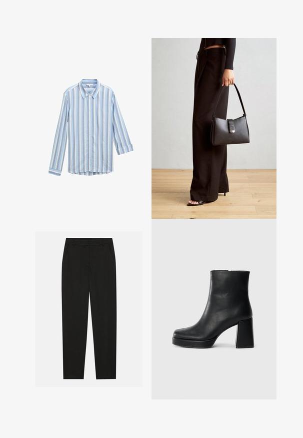 Light blue button-up shirt with vertical white and darker blue stripes, long sleeves rolled at the cuffs, and a classic collar design.; Black trousers with a tailored design, featuring side pockets and a straight leg. Made from smooth, lightweight fabric with a sleek finish.; Black leather ankle boot with a block heel and platform sole, viewed from the side on a plain white background.; Black handbag with structured shape, smooth texture, and a metallic clasp. Paired with wide black pants and open-toe sandals on wooden floor.