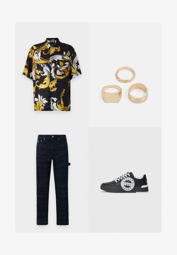 Kortermet svart skjorte med et dristig gult og hvitt blomstermønster, med krage og en frontlomme med knapplukking.; Mørkeblå rette jeans med frontlommer, beltehemper og en sideløkke-detalj på høyre bein.; Svarte lær-sneakers med hvite detaljer, rundt logo-design, perforert tå og kontrastsåle. Har hvite snører og merke.; Tre gullringer: en firkantet ring med en liten stein, en teksturert ring med ribber, og en glatt, polert ring med to spor.