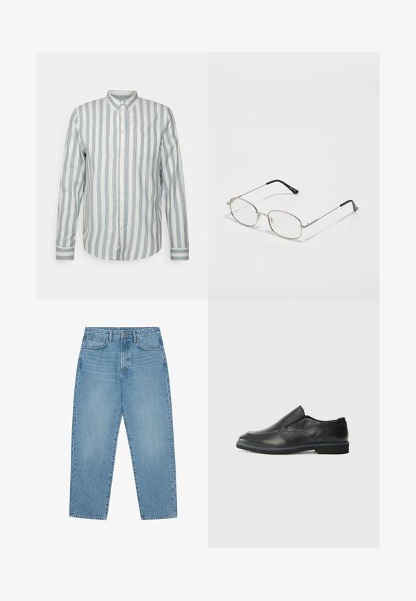 Skjorta med knappar i ljusblått och off-white ränder. Har en klassisk krage, långa ärmar och en bröstficka. Mjuk tyg, avslappnad passform.; Set med fem t-shirts i svart, vitt och marinblått. Bomullslyster, korta ärmar, rund halsdesign och slät struktur utan mönster.; Ljusblå denimbyxor med vida ben och hög midja, med fem fickor, bälteshällor och en mjuk, något urtvättad textur.; Svart lädersko i slip-on-modell med en slät ovandel, sömnadsdetaljer, rund tå och låg gummihäl. Sulan har minimal mönstring.; Metallglasögon med oval ram, silverfästen och klara linser. Smala, raka skalmar med svarta ändar, minimalistisk design.