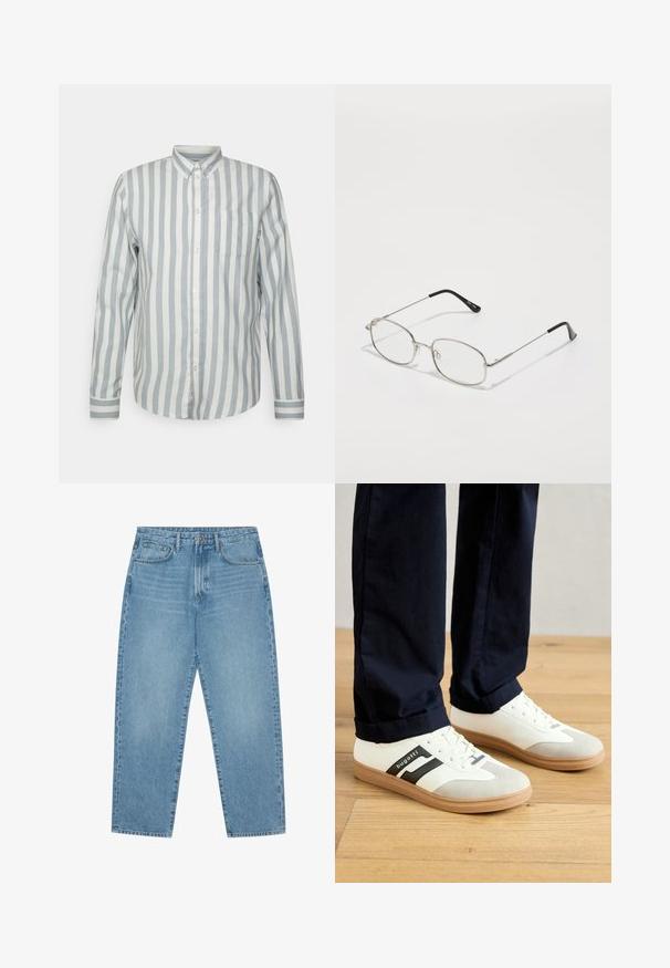 Camisa de botones en azul claro y rayas blanco roto. Cuenta con un collar clásico, mangas largas y un bolsillo en el pecho. Tejido suave, corte relajado.; Conjunto de cinco camisetas en negro, blanco y azul marino. Tejido de algodón, de manga corta, diseño de cuello redondo y textura lisa sin patrones.; Jeans de denim azul claro de pierna ancha con cintura alta, que cuentan con cinco bolsillos, trabillas para cinturón y una textura suave y ligeramente deslavada.; Zapatillas blancas y grises con rayas negras, hechas de cuero, con suela de goma y cordones planos. Llevadas con pantalones color navy sobre un suelo de madera.; Gafas de metal con montura ovalada, biseles plateados y lentes transparentes. Varillas delgadas y rectas con puntas negras, diseño minimalista.