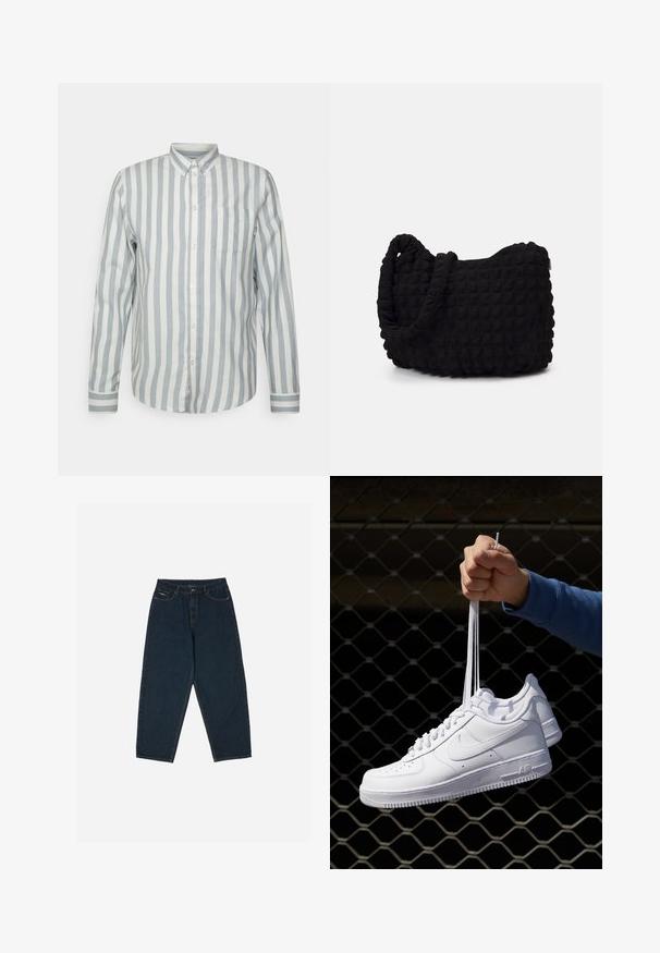 Button-up shirt in light blue and off-white stripes. Features a classic collar, long sleeves, and a chest pocket. Soft fabric, relaxed fit.; Dark blue high-waisted jeans with a relaxed fit, featuring five pockets and a button closure. Made from denim with a smooth texture.; White leather sneakers with perforations, round toe, flat sole, and thick laces, featuring a visible swoosh logo and "AIR" on the heel.; Black fabric bag with a textured, quilted pattern. Rounded shape, short, thick handles, and a soft, flexible structure.