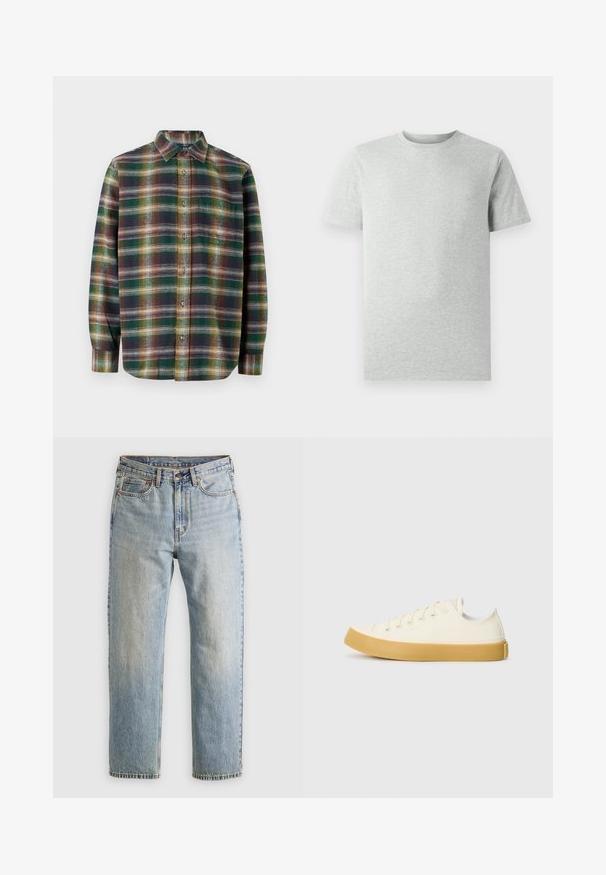 Camicia a maniche lunghe a quadri con tonalità verde, blu navy e arancione, chiusura con bottoni, colletto classico e tessuto morbido e strutturato.; Maglietta a maniche corte grigia chiara, girocollo, mostrata su uno sfondo bianco, vista frontale senza loghi o design visibili.; Jeans in denim azzurro chiaro con vita alta, bottone anteriore, cerniera e design a cinque tasche, adagiati su uno sfondo neutro.; Sneakers in tela di colore avorio con punta rotonda, dotati di suole in gomma beige e cinque occhielli per i lacci, finitura texturizzata sulla parte superiore.