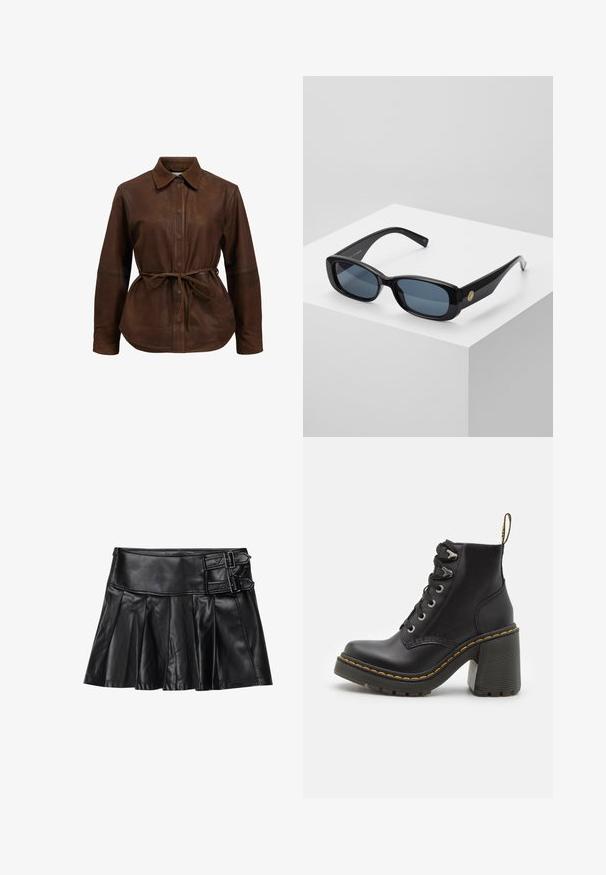 Giacca camicia in pelle marrone con chiusura a bottoni, colletto appuntito e cintura regolabile in vita. Presenta maniche lunghe e un orlo leggermente curvo.; Gonna in pelle nera con pieghe, cintura ampia e due dettagli con fibbia ai lati. Texture liscia con una finitura lucida.; Stivaletto in pelle nera con tacco alto chunky, lacci frontali, occhielli in metallo e cuciture gialle lungo la suola. Suola in gomma testurizzata.; Occhiali da sole neri rettangolari con lenti blu oscurate, montatura spessa e un accento circolare dorato di lato. Finitura elegante e lucida.; Borsa borgogna realizzata in materiale sintetico con un design strutturato, dotata di tracolla removibile e un foulard a motivi floreali legato al manico.