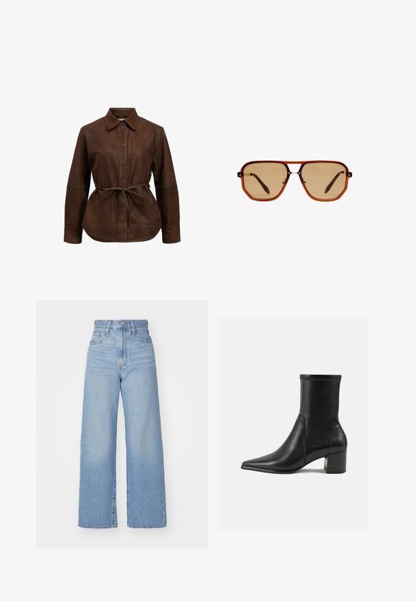 Rjava usnjena srajčna jakna z gumbom spredaj, koničastim ovratnikom in nastavljivim pasom. Ima dolge rokave in rahlo zaobljen rob.; Svetlo modri visokorasli široki traper hlače z sprednjim gumbom in zadrgo, sprednjimi in zadnjimi žepi, na belem ozadju.; Črne gležnjarje iz gladkega usnja, z izostrenim nosom, blokastim peto in izrazitim povišanim šivom na zgornjem robu.; Rjave osmerokotne sončne naočale s prozornim amber okvirjem in rjavimi lečami s senco. Imajo kovinski detajl na mostu in vitke temple.