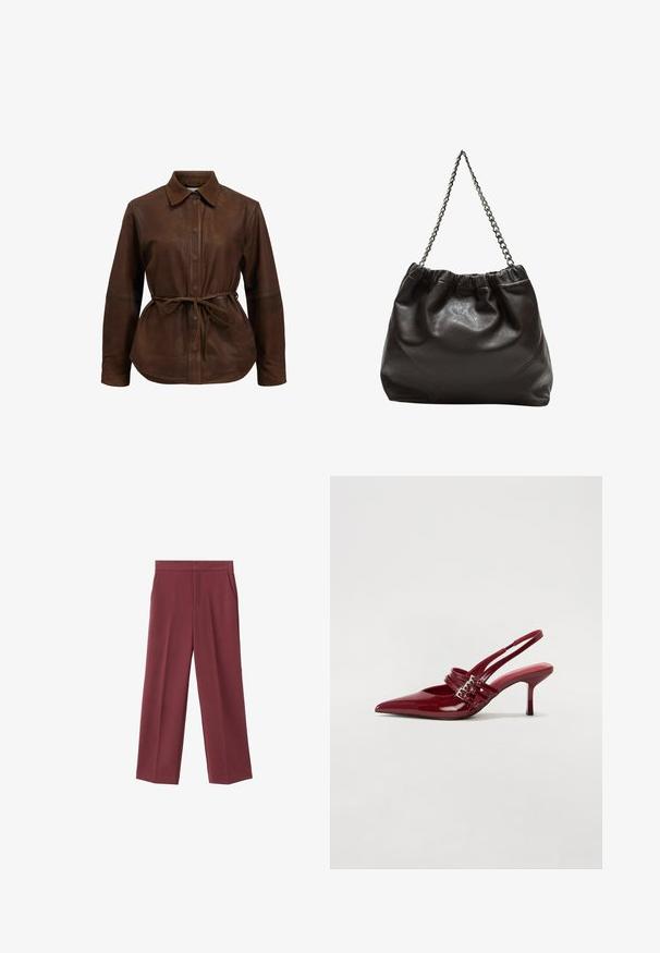 Braune Lederhemdjacke mit Knopfverschluss, spitzem Kragen und verstellbarem Taillenzug. Verfügt über lange Ärmel und einen leicht abgerundeten Saum.; Weinrote Hose mit weitem Bein aus glattem Material, ausgestattet mit seitlichen Taschen und einem hohen Taillendesign. Mit einem klaren vorderen Bügel gefaltet.; Rote Lackleder Slingback-Absätze mit spitzem Zeh, zwei Schnallenriemen und einem schlanken, mittelhohen Stiletto-Absatz. Glatte Textur.; Braune Lederhandtasche mit gerafftem Oberteil und Kettenriemen. Glatte Textur mit glänzendem Finish und subtilen Nahtdetails an den Seiten.
