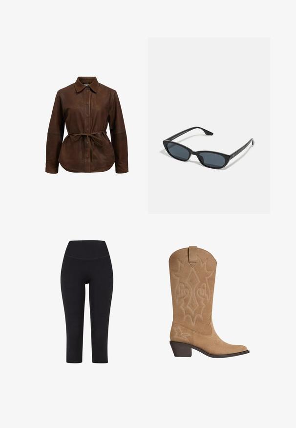 Braune Lederhemdjacke mit Knopfverschluss, spitzem Kragen und verstellbarem Taillenzug. Verfügt über lange Ärmel und einen leicht abgerundeten Saum.; Schwarze 3/4-Leggings aus dehnbarem Material mit hohem Taillenbund und ohne sichtbare Muster oder Hardware.; Tanfarbene Wildleder-Cowboystiefel mit bestickter dekorativer Naht, mittelhohem gestapeltem Absatz und Zugschlaufe am Schaft.; Schwarze Cat-Eye-Sonnenbrille mit dunklen Gläsern, Kunststoffrahmen, schlanken Bügeln und dezentem Branding an der inneren Seite des Bügels. Matte Oberflächenstruktur.