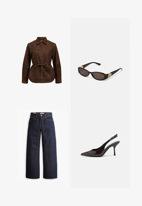 Pruun nahkvest koos nööbiga esiosas, terava krae ja reguleeritava vööga. Omab pikka põlve ja kergelt kaardus serva.; Laiad joped tumeda sinise denimi ja kõrge taljega, millel on paela kinni tõmbamise võimalus, viis taskut ja kontrastsete õmblustega detailid.; Kare kõrge kontsaga king, läikiv tumepruun lakknahast, terava nina, avatud külgedega ja reguleeritava pahkluuringiga.; Kilpkonnakilbi stiilis prillid piklik-ovaalsete läätsede, pruunika tooniga, kuldsete logo aktsentidega templitel ja elegantsed mustad varred.