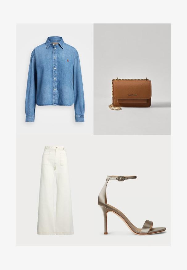 Polo Ralph Lauren WIDE CROPPED DENIM SHIRT - Cămașă - zaia wash; Jeans cu picioare late din denim alb-crem. Design cu talie înaltă, cu închidere prin nasture, două buzunare frontale și detalii cu cusături contrastante.; Sandalie cu toc înalt din satin, argintii, cu curea la gleznă, având o cataramă decorativă. Vârf deschis și un design subțire, elegant.; Geantă crossbody din piele texturată maro, cu curea din lanț aurit și închidere cu clapetă. Partea din față prezintă detalii cu logo și o buzunar sub clapetă.