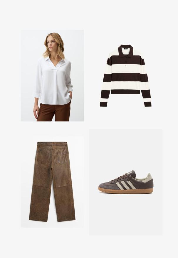 Biała bluzka z długim rękawem, z dekoltem w kształcie V i teksturowanym materiałem. Posiada kołnierzyk i mankiety z wykończeniem. Połączona z brązowymi spodniami.; Koszula polo z długim rękawem, charakteryzująca się naprzemiennymi ciemnobrązowymi i białymi poziomymi paskami, kołnierzykiem oraz zapięciem na guziki. Wykonana z miękkiego materiału.; Brązowe skórzane spodnie o szerokich nogawkach z dwiema kieszeniami z tyłu i widocznym przeszyciem, pokazane z tyłu na białym tle.; Brązowe skórzane trampki z trzema jasnymi paskami, gumową podeszwą, zaokrąglonym noskiem oraz teksturowanymi zamszowymi akcentami na pięcie i nosku.