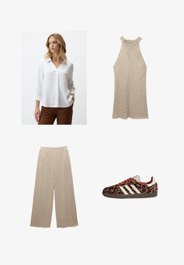 Witte blouse met lange mouwen, V-hals en textuurstof. Heeft een kraag en manchet mouwen. Gepaarde met een bruine broek.; Gehaakt halterjurk in beige met een gestructureerde afwerking. Heeft een hoge halslijn en een mouwloos ontwerp, dat zachtjes uitloopt naar de zoom.; Beige wijde broek van een gestructureerde stof met een subtiel patroon. Heeft een relaxte tailleband en een losse pasvorm, wat comfort en gemak biedt.; Leopardprint sneakers van suède met rode veters en drie witte strepen aan de zijkant. Bevat een crèmekleurige tong en een bruine zool.