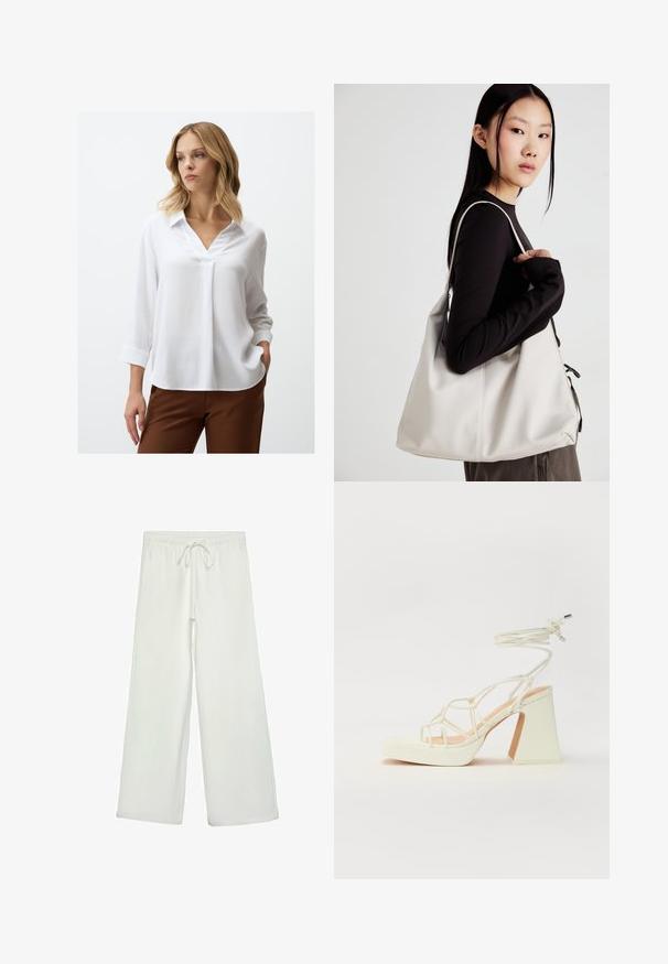 Witte blouse met lange mouwen, V-hals en textuurstof. Heeft een kraag en manchet mouwen. Gepaarde met een bruine broek.; Witte wijde broek van zacht materiaal. Heeft een elastische tailleband met een trekkoord en een gladde textuur. Geen zichtbare patronen of hardware.; Witte hoge hakken sandaal met een chunky hak, met een bandjesontwerp en enkelband. Gladde textuur met een plateau voor extra hoogte.; Beige handtas gemaakt van zacht materiaal, met een slonzig ontwerp, gestikte details en twee schouderbanden. Geschikt voor dagelijks gebruik.