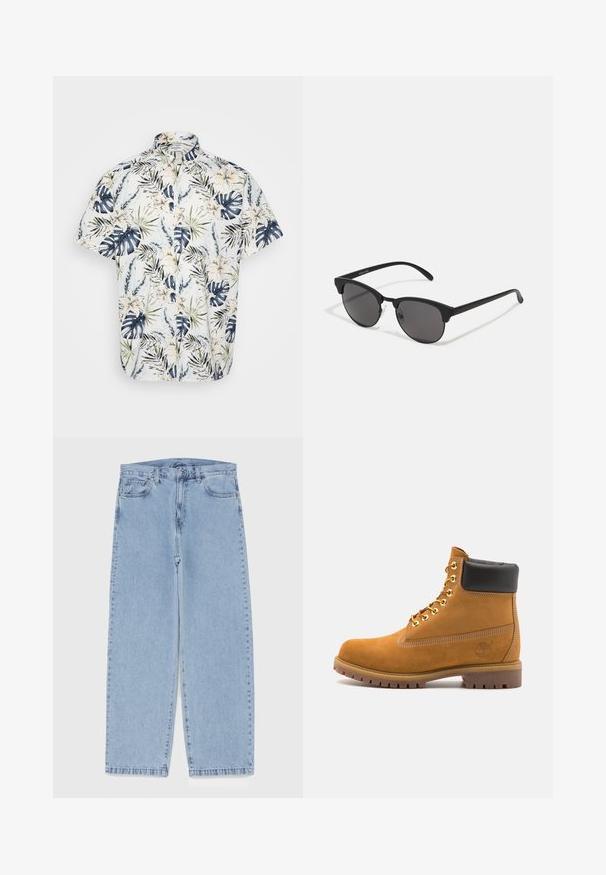 Camisa de manga corta con un patrón tropical de flores y hojas en azul marino, verde y crema sobre un fondo claro; diseño abotonado.; Jean de mezclilla azul claro con diseño de pierna recta, con una cintura de altura media, cinco bolsillos y un cierre de botón y cremallera.; Botín de ante marrón claro con collar acolchado negro, ojales de metal dorado, detalles de costura blanca y suela de goma resistente con tacos pronunciados.; Gafas de sol negras con lentes redondos, acabado mate y una distintiva forma de ojo de gato. Patillas delgadas con un sutil branding en la patilla izquierda.