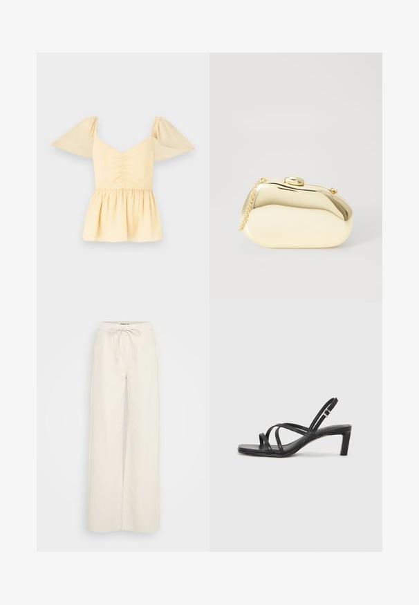 Bluza s pufastim rukavima i peplum krojem od mekog žutog pamuka s naboranom bustierom i lepršavim rubom, s diskretnim točkicama po tkanini.; Hlače širokih nogavica od off-white pamučne tkanine, s elastičnim pojasom i vezicom te bočnim džepovima. Glatka tekstura, minimalan dizajn.; Crne sandale s trakama, kvadratnim prstom i niskom blok petom. Ima više tankih trakica i podesivu trakicu oko gležnja. Izrađene su od glatke kože.; Metalni zlatni clutch s glatkim, zaobljenim oblikom, s gornjim kopčom na dugme i malim lancem za nošenje.