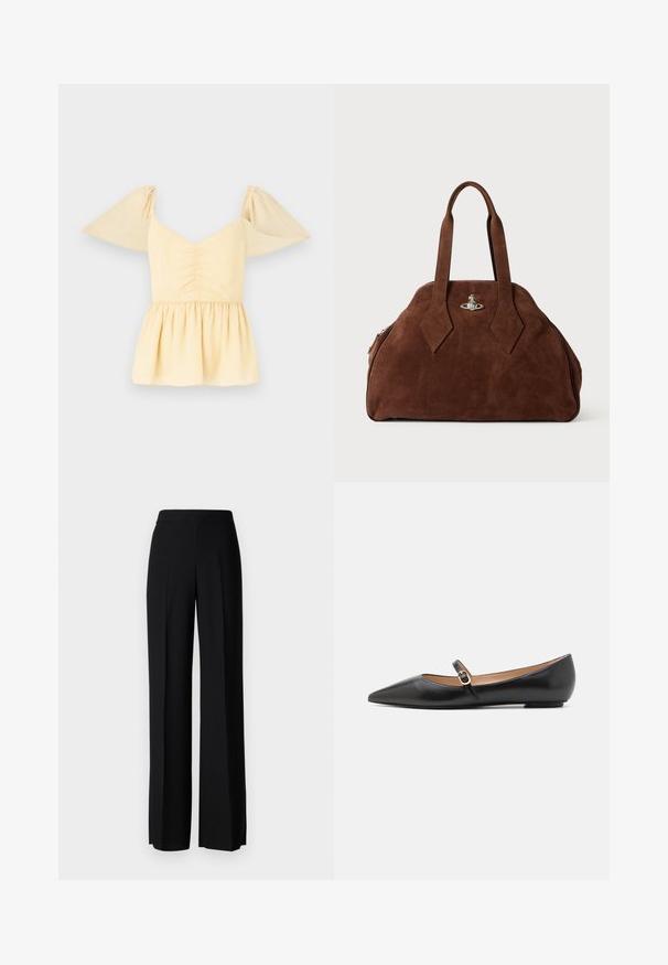 Puff ujjú peplum blúz puha sárga pamutból, fodros dekoltázsával és bővülő aljával, finom pöttyökkel az anyagban.; Fekete, széles szárú nadrág sima tapintással, magas derékkal és középen pliszével. Nincsenek látható minták vagy fém részletek.; Fekete bőr balettlapok hegyes orral és oldalsó pánttal, amelyen egy kör alakú arany dísz található. Könnyű, lapos talpú.; Barna velúr kézi táska, strukturált formával, kerek testtel és megnyújtott gyémánt alakú fogantyúkkal. Ezüst színű záródással rendelkezik.