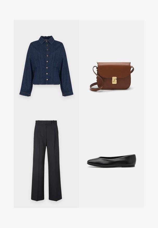 Chaqueta de mezclilla oscura con cuello con solapa, cierre frontal de botones y mangas largas. Presenta un diseño entallado con detalles en las costuras laterales y costuras en contraste.; Pantalones oscuros de rayas con un diseño de cintura alta y pierna ancha, sin hardware o adornos visibles. Textura suave y ajuste entallado.; Paul Smith TOPANGA - Bailarinas - black; Bolso de mano de cuero marrón con cierre de solapa, herrajes en tono dorado, correa para el hombro y una textura suave. Forma rectangular compacta.
