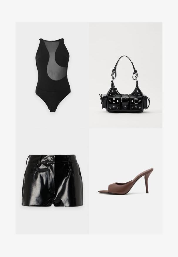 Costume intero nero con design a intaglio in rete, senza maniche, con collo alto e chiusura a scatto sul fondo. Tessuto liscio su tutta la superficie.; Shorts neri e lucidi realizzati in materiale sintetico. Presentano una vita aderente, passanti per la cintura e tasche frontali con evidenti dettagli di cucitura.; Mule aperti con tacco alto in pelle marrone, dal design elegante, caratterizzati da una larga fascia anteriore e un sottile tacco a stiletto.; Borsa a mano in pelle nera con design curvo, caratterizzata da borchie argentate, una fibbia e due tasche laterali. Tracolla regolabile per diverse opzioni di trasporto.