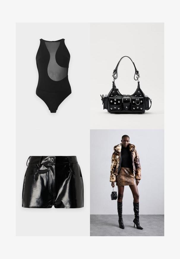 Maillot de bain une pièce noir avec un design découpé en maille, sans manches, col montant, et fermeture pressionnée en bas. Texture lisse sur toute la surface.; Shorts noirs et brillants en matériau synthétique. Présentent une taille ajustée, des passants de ceinture et des poches avant avec des détails de couture prononcés.; Doudoune avec un motif marron et noir, associée à une mini-jupe en simili-cuir serpent marron, des bottes noires jusqu'au genou et un petit sac noir.; Sac à main en cuir noir au design courbé, avec des clous en argent, une boucle et deux poches latérales. Bandoulière réglable pour différentes options de transport.