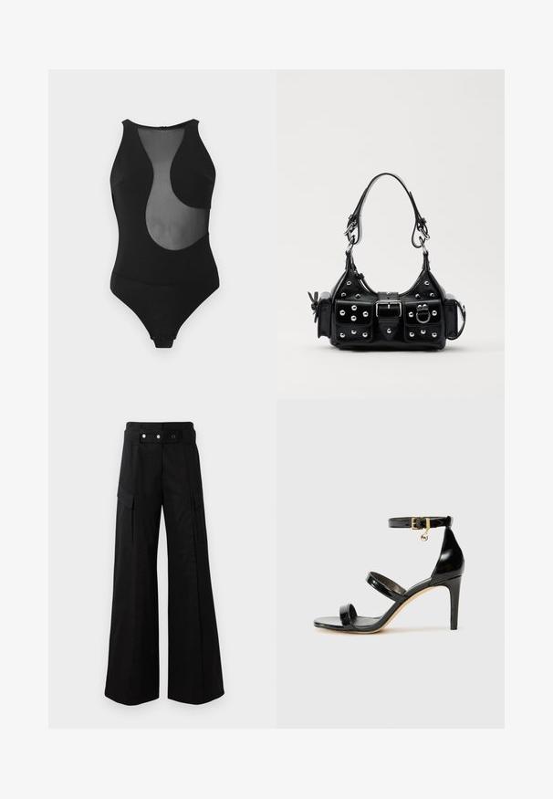Maillot de bain une pièce noir avec un design découpé en maille, sans manches, col montant, et fermeture pressionnée en bas. Texture lisse sur toute la surface.; Pantalons larges noirs avec une taille haute, dotés de grandes poches latérales, de deux boutons à l'avant et d'un détail en boucle. Fabriqués en tissu résistant.; Sandale en cuir verni noir avec trois brides, boucle de cheville et talon aiguille de 10 cm. Présente un détail en métal doré et un charm logo.; Sac à main en cuir noir au design courbé, avec des clous en argent, une boucle et deux poches latérales. Bandoulière réglable pour différentes options de transport.