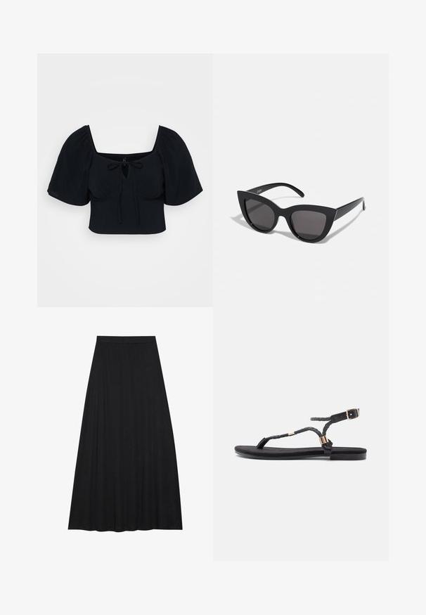 Black cropped top with puff sleeves, square neckline, and front tie detailing. Soft fabric with a smooth texture. Simple and modern design.; Black maxi skirt made of soft, flowing fabric. It features an elastic waist and a full, A-line silhouette with a smooth texture.; Black flat sandals with braided straps and a metallic accent. Features an adjustable buckle and flat rubber sole for comfort.; Black cat-eye sunglasses with a matte finish, featuring gray tinted lenses, sharp angles, and sleek side arms. Brand name visible on the inner arm.; Gold hoop earrings with a smooth, rounded design. Features a small hinge closure, lightweight appearance, and a polished finish.