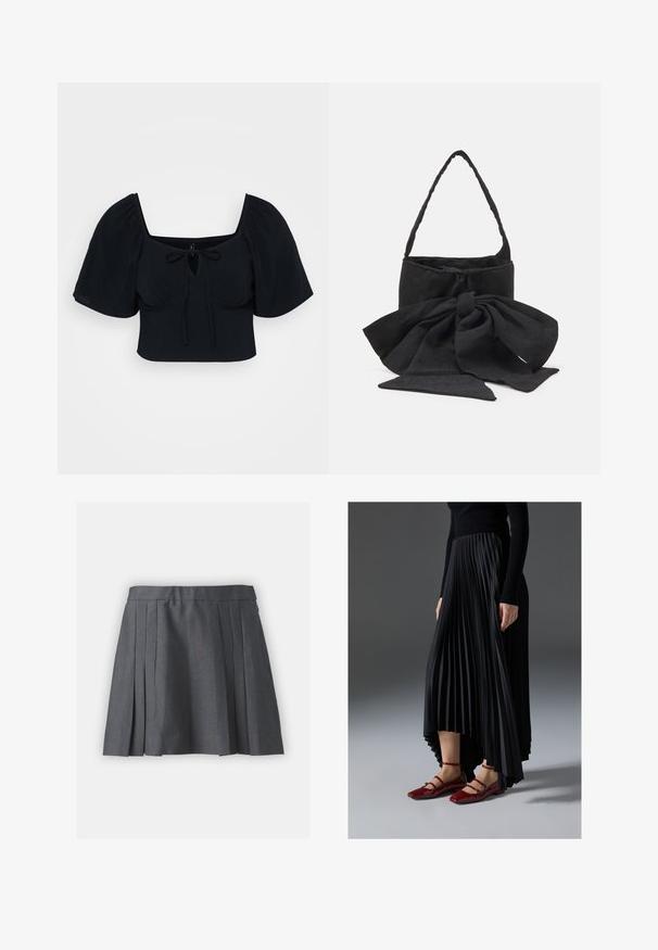 Fekete rövidített felső puffos ujjakkal, négyzet alakú dekoltázsal és elöl megkötő részlettel. Puha anyag, sima textúrával. Egyszerű és modern dizájn.; Szürke, redős szoknya texturált anyagból, derékpánttal és rejtett cipzárral. Egyenletesen elhelyezett redők jellemzik, ami strukturált megjelenést kölcsönöz.; Fekete redős szoknya, magas- és alacsony szegéllyel, fényes piros lapos cipőkkel párosítva, amelyek pántos dizájnnal rendelkeznek. Az anyaga sima tapintású.; Fekete szövet kézitáska, amelyet megkötött masni díszít, kerek formájú, texturált felülete apró mintákkal, és egyetlen, vékony fogantyúval rendelkezik.