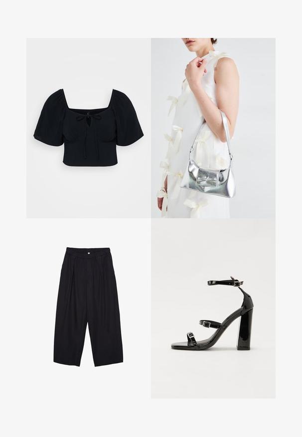 Sort cropped top med pufærmer, firkantet halsudskæring og snoredetalje foran. Blødt stof med en glat tekstur. Enkel og moderne design.; Sorte polyester culotte bukser med elastisk talje, to forpiber og en løs silhuet. Ingen synlige mønstre eller hardware detaljer.; Sorte patenterede hælsandaler med firkantet tå, ankelremme og sølvspænder. Har en chunky blokHæl for stabilitet.; Sølvmetallic håndtaske med en struktureret form, der har et topgreb og en sløjfedetalje på forsiden. Glat tekstur, reflekterende finish.