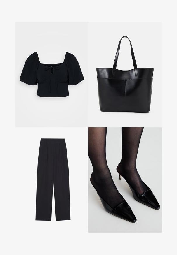Black cropped top with puff sleeves, square neckline, and front tie detailing. Soft fabric with a smooth texture. Simple and modern design.; Black wide-leg trousers made of a smooth fabric, featuring pleats, a flat front waistband, and no visible pockets or embellishments.; Black patent leather mules with a pointed toe and a low-cut design. Features a thin heel and paired with black sheer stockings.; Black leather tote bag with two long handles, a smooth texture, and a structured shape. Features a front pocket for additional storage.