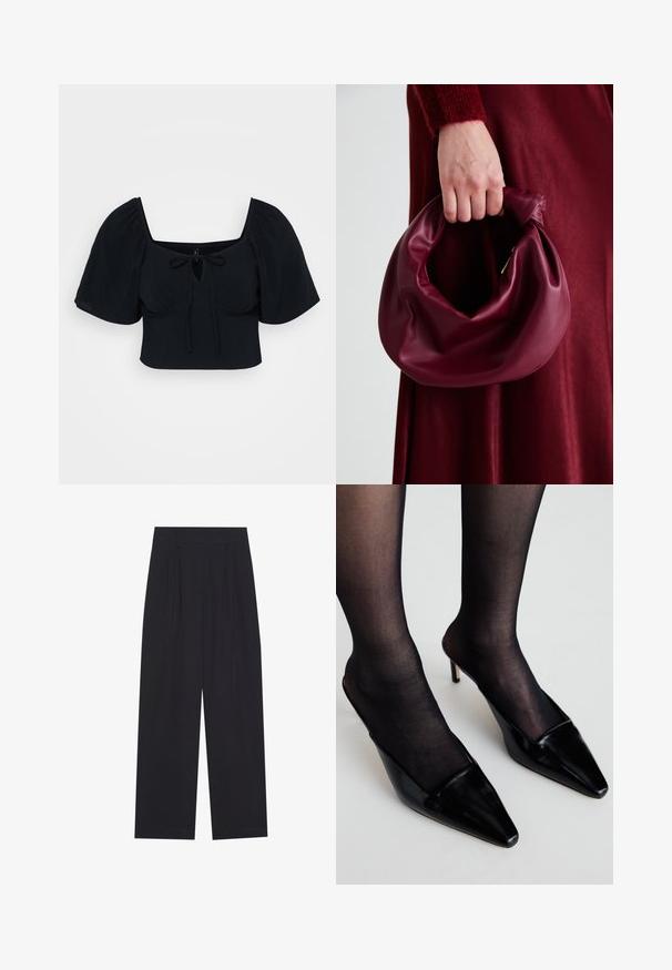 Top preto curto com mangas bufantes, decote quadrado e detalhes de laço na frente. Tecido macio com textura suave. Design simples e moderno.; Calças largas pretas feitas de um tecido liso, apresentando pregas, uma cintura frontal plana e sem bolsos ou adornos visíveis.; Mules de couro patente preto com bico fino e um design cortado baixo. Apresentam um salto fino e são acompanhados de meias pretas transparentes.; Bolsa de couro bordô com um design suave e franzido, e uma forma arredondada. A alça é fixa, apresentando uma textura suave.