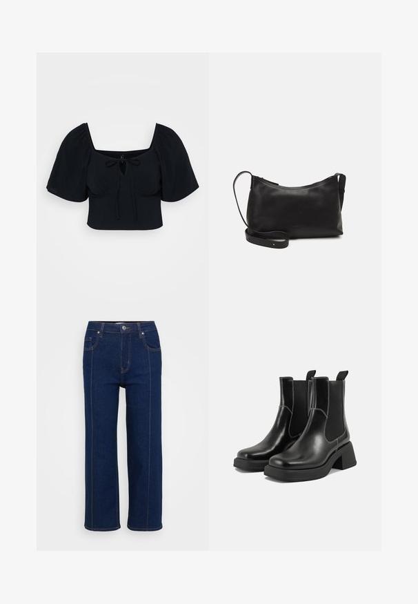 Black cropped top with puff sleeves, square neckline, and front tie detailing. Soft fabric with a smooth texture. Simple and modern design.; Dark blue straight-leg jeans with button closure, front and back pockets, and visible orange stitching along seams.; Black leather Chelsea boots with a chunky heel, elastic side panels, and contrasting white stitching. Textured finish.; Black leather shoulder bag with a smooth texture, curved shape, adjustable strap, and a zip closure. Minimalist design without embellishments.