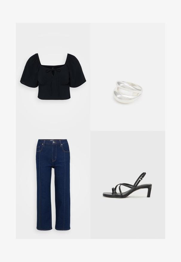 Schwarzes, kurzes Oberteil mit Puffärmeln, rechteckigem Ausschnitt und dekorativem Frontband. Weicher Stoff mit glatter Textur. Einfaches und modernes Design.; Dunkelblaue gerade Jeans mit Knopfverschluss, vorderen und hinteren Taschen sowie sichtbaren orangefarbenen Nähten entlang der Nähte.; Schwarze Sandale mit Riemchen, quadratischer Zehenform und niedrigem Blockabsatz. Verfügt über mehrere dünne Riemen und einen verstellbaren Knöchelriemen. Hergestellt aus glattem Leder.; Silberner Doppelring mit einer glatten, polierten Oberfläche. Verfügt über ein fließendes, kurviges Design mit überlappenden Abschnitten für einen modernen Look.