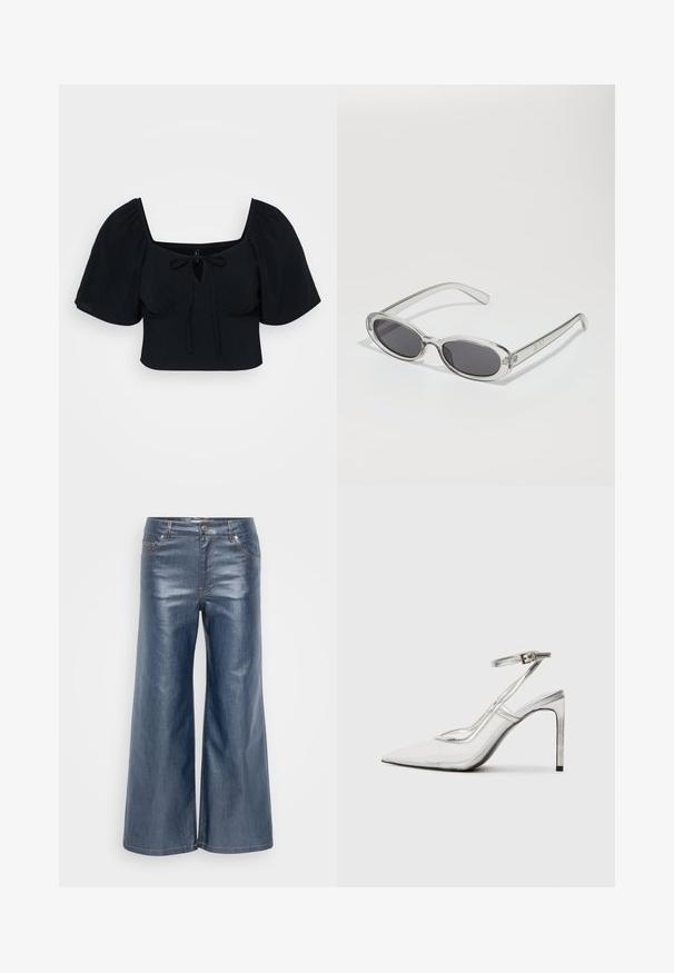 Fekete rövidített felső puffos ujjakkal, négyzet alakú dekoltázsal és elöl megkötő részlettel. Puha anyag, sima textúrával. Egyszerű és modern dizájn.; Sötétkék, széles lábú farmernadrág, sima tapintással, öt zsebbel és kontrasztos varrással. Elöl gombbal és cipzárral záródik.; Áttetsző anyagú, hegyes orrú, tiszta stiletto sarokcipő, fémes ezüst díszítéssel és állítható bokahevederrel.; Ovális formájú napszemüveg, átlátszó műanyag keret, sötétszürke lencsék és vékony, átlátszó szárak, logóakkcentussal és minimális díszítéssel.; Fekete bőrtáska ívelt formával, levehető pánttal és arany színű fémrészekkel. A táskán egy csattal díszített fedél található.