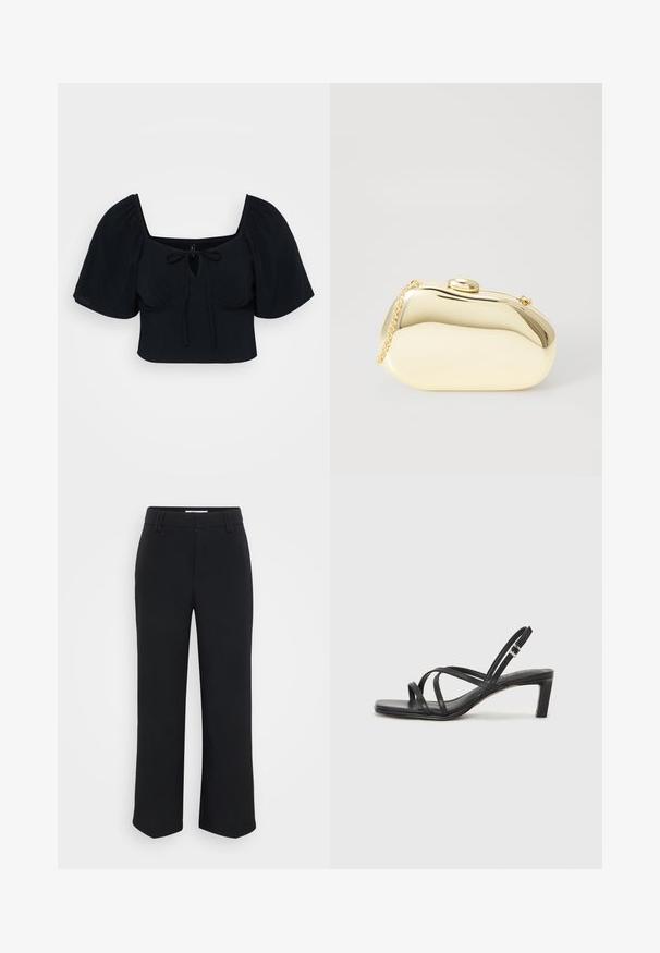 Top corto nero con maniche a palloncino, scollatura quadrata e dettaglio con nodo frontale. Tessuto morbido con una texture liscia. Design semplice e moderno.; Pantaloni neri a gamba larga con una texture liscia, dotati di una vita piatta e tasche laterali, progettati con un'estetica minimalista.; Sandalo nero con cinturini, dalla punta squadrata e tacco basso a blocco. Presenta diversi cinturini sottili e una cinturini regolabile alla caviglia. Realizzato in pelle liscia.; Clutch metallico oro con una forma liscia e arrotondata, dotato di una chiusura a pulsante superiore e una piccola tracolla per il trasporto.