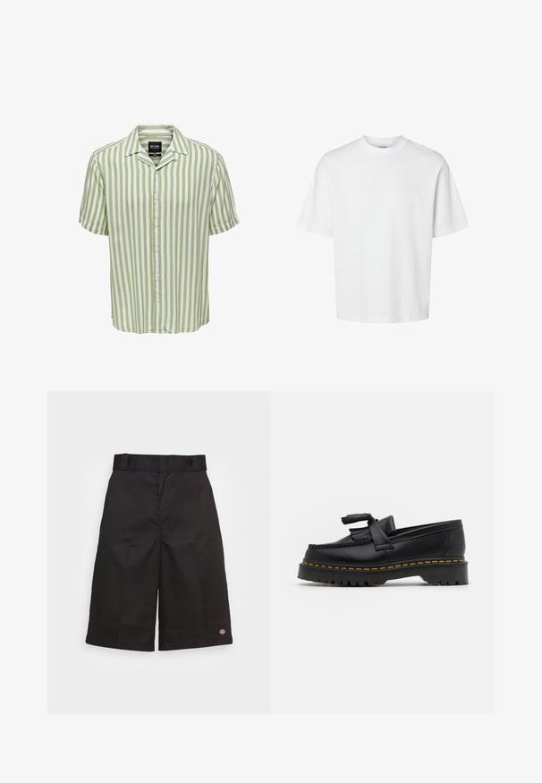 Pasiasta koszula z krótkim rękawem w jasnym zielonym i białym kolorze. Posiada klasyczny kołnierzyk oraz zapięcie na guziki, a jej krój jest luźny. Gładka tekstura materiału.; Biała bawełniana koszulka z krótkim rękawem, okrągłym dekoltem i luźnym krojem. Gładka struktura bez widocznych wzorów czy akcentów.; Czarne bawełniane szorty o prostym kroju, do kolan, z widocznym logo marki na dole oraz gładką fakturą.; Czarny skórzany mokasyn z frędzelkowymi akcentami, z masywną czarną podeszwą i żółtym przeszyciem wzdłuż krawędzi. Teksturowane wykończenie.