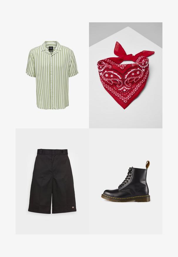 Dryžuota šviesiai žalia ir balta marškinėliai su trumpomis rankovėmis. Turi klasikinį apykaklę ir mygtukų užsegimą, laisvo kirpimo. Lygus audinio paviršius.; Juodi medvilniniai šortai su tiesiu kirpimu, iki kelių ilgio, su matomu prekės ženklu ant apvado ir lygia tekstūra.; Juodas odinis kulkšninis botagas su geltonomis siūlėmis, raišteliais priekyje, apvaliu pirštu ir tekstūruota gumine favoritas. Yra patogus traukimo užtrauktukas gale.; Raudonas medvilninis bandanas su baltais paisley raštais, turintis trikampio formą ir išryškintą surištą mazgą viršuje.