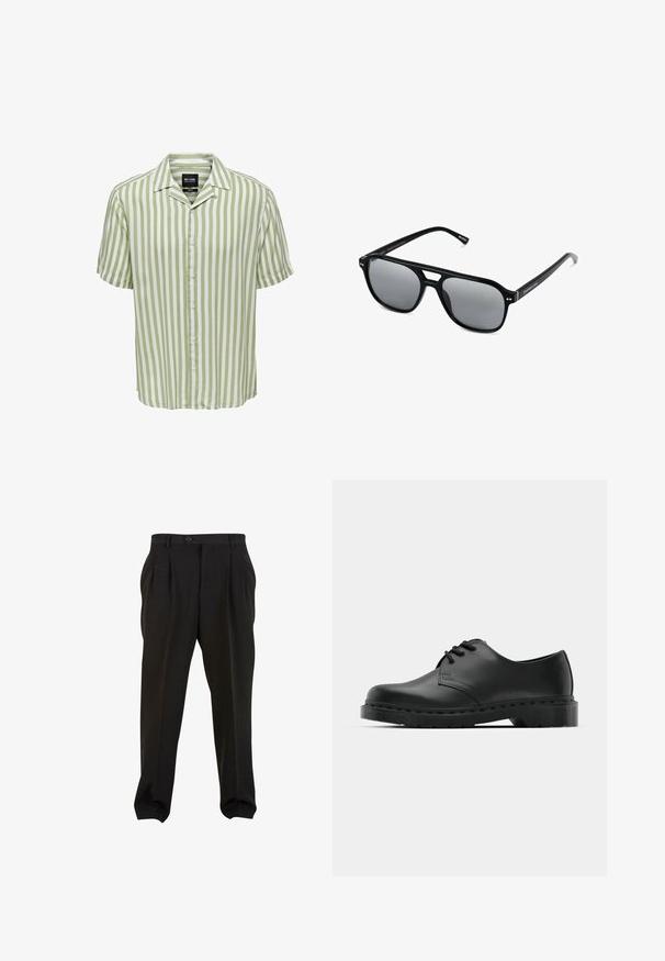 Gestreiftes Kurzarmhemd in Hellgrün und Weiß. Mit klassischem Kragen und Knopfleiste, in entspannter Passform. Glatte Stoffstruktur.; Schwarze Hose aus glattem Stoff mit Frontfalten, einem Knopfbund und schmal zulaufenden Knöchelbündchen. Klassische, taillierte Silhouette.; Schwarze Leder-Oxford-Schuhe mit Schnürdesign, runder Zehenform, flacher Gummisohle und subtilen Nähten entlang des oberen Teils.; Schwarze Sonnenbrille mit rechteckigen Rahmen, grauen getönten Gläsern und einer Aussparung im Nasensteg. Schlanker, glänzender Kunststoff, mit schmalen Bügeln.