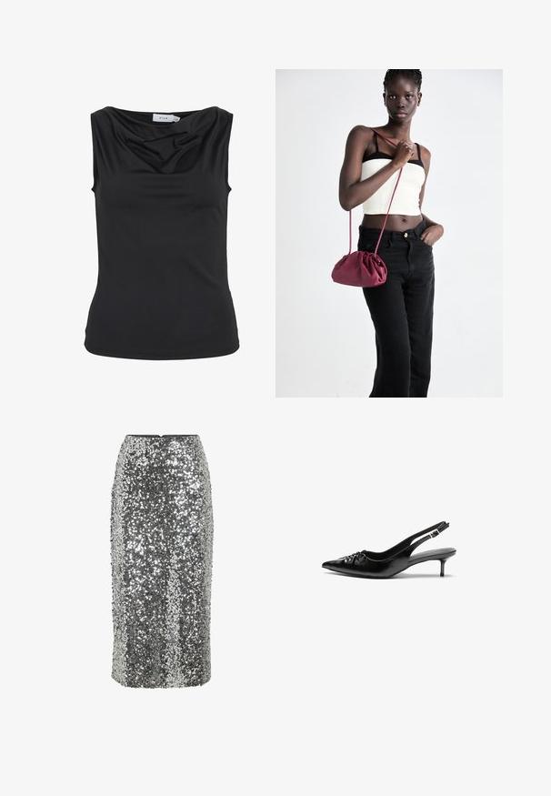 Crna bezrukavna majica s drapiranim dekolteom i prilagođenim siluetom, s oznakom "VILA" unutar ovratnika.; Srebrna olovka suknja s šljokicama, usklađenog kroja, do koljena, s glatkom teksturom. Ima skriveni stražnji patentni zatvarač.; Crne kožne sandale na petu s remenom oko pete, špicastim vrhom, niskom petom u stilu kitten i naboranim detaljem na gornjem dijelu. Glatka tekstura i minimalistički dizajn.; Bordo mekani torbeni sakupljenog dizajna s dugom trakicom, nošenom preko tijela. Model nosi bijelu kratku majicu i crne traperice.