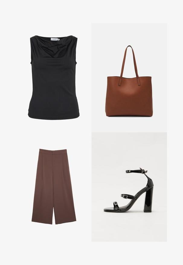Čierny top bez rukávov s klesajúcim výstrihom a priliehavým strihom, s nálepkou "VILA" vo vnútri goliera.; Hnedé nohavice so širokými nohavicami a hladkou textúrou, s vysokým pásom a prednými skladmi. Tkanina je ľahká a voľne sa pohybuje.; Čierne lakované sandále na podpätku so štvorcovou špičkou, navlečenými remienkami okolo členku a striebornými prackami. Disponujú masívnym blokovým podpätkom pre stabilitu.; Hnedá kožená taška na rameno s hladkou textúrou, otvoreným vrchom a dvoma ramenými popruhmi. Má minimálne šitia a žiadne viditeľné kovania.