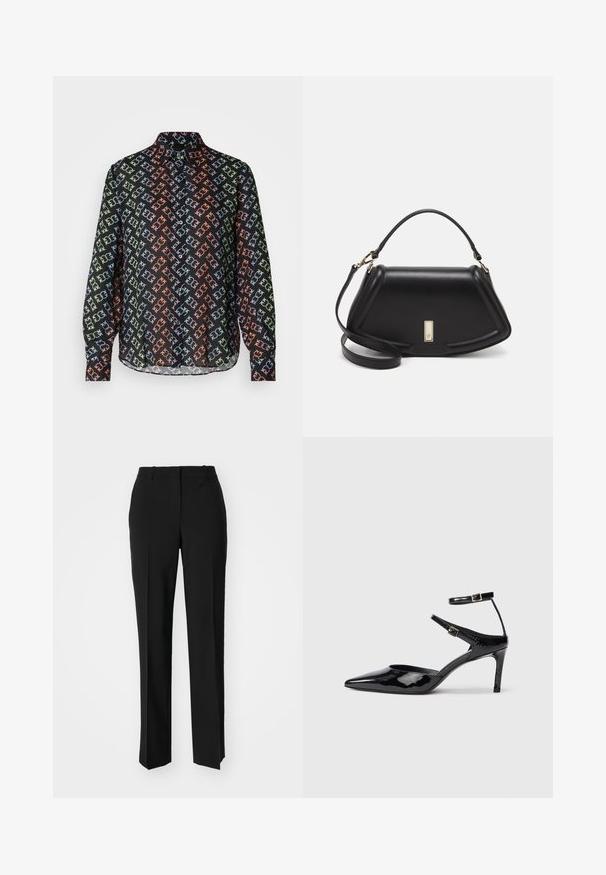 Crna košulja s ovratnikom, s ponavljajućim geometrijskim uzorkom u zelenoj, plavoj i narančastoj boji. Dugi rukavi, dugmad na prednjoj strani.; Crne krojene hlače ravnog kroja, s glatkom teksturom i oštrim pregibima naprijed. Bez vidljivih metalnih dijelova.; Crne lakirane cipele s visokom potpeticom, špicastim prstom, podesivim naramenicama i tankom potpeticom. Glatka tekstura s sjajnom završnom obradom.; Crna kožna torba s strukturiranim dizajnom, s krojenim oblikom, gornjom drškom i zlatnim detaljima. Uključena je podesiva ramena traka.