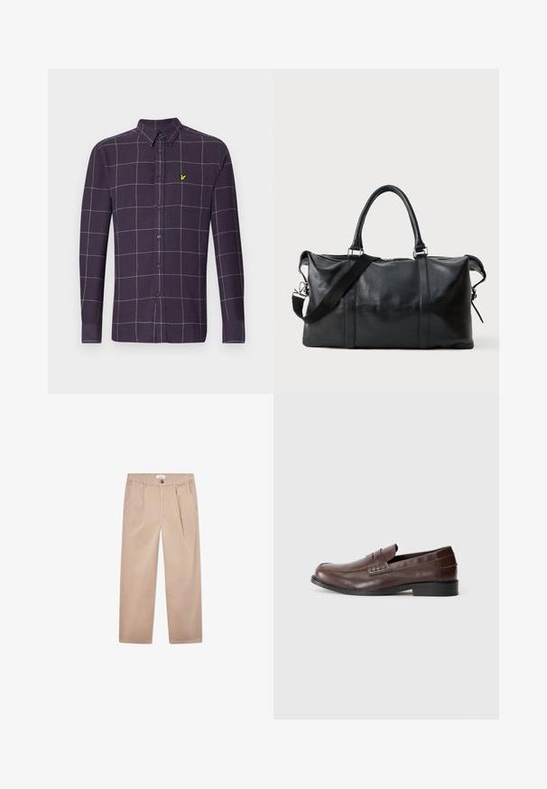 Tmavofialová košeľa s dlhým rukávom na gombíky so sieťovým vzorom v bielej a šedej farbe. Na vrecku na hrudi sa nachádza malý zelený emblem.; Khaki nohavice vyrobené z bavlny s rovnými nohavicami, s dvoma prednými vreckami, zapínaním na gombík a klasickým strihom.; Hnedé kožené mokasíny s hladkým povrchom, okrúhlou špičkou a nízkym čiernym podpätkom. Obsahujú dekoratívny pásik v štýle penny. Bočný pohľad.; Čierna kožená cestovná taška s dvomi hornými uchami, odnímateľným ramenným popruhom, zipsovým uzáverom a textúrovaným povrchom. Vyznačuje sa minimalistickým dizajnom.