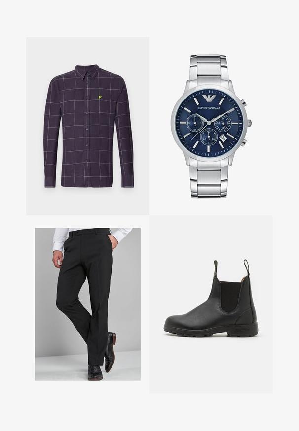 Košile s dlouhým rukávem, tmavě fialová, s mřížkovým vzorem v bílé a šedé. Na náprsní kapse se nachází malá zelená nášivka.; Černé společenské kalhoty s dobře padnoucím střihem, vyrobené z hladkého materiálu, s rovnými nohavicemi a poutky na opasek, doplněné o lesklé černé společenské boty.; Černá kožená Chelsea obuv s elastickými bočními panely, poutkem na patě, robustní gumovou podrážkou a prošívanými detaily. Hladký povrch po celém obvodu.; Emporio Armani Hodinky se stopkami - silver-coloured