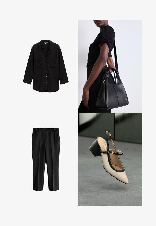 Maglietta nera a maniche lunghe in tessuto leggero, con chiusura a bottoni sul davanti, due tasche sul petto e colletto classico.; Pantaloni neri a culotte con una vestibilità rilassata, vita elastica e due tasche frontali. Il tessuto ha una texture liscia con una finitura leggermente lucida.; Scarpa beige con punta a stivale, con rifiniture nere, fibbia dorata e tacco a blocco spesso su un pavimento grigio con sfondo verde scuro.; Borsa a tracolla in pelle nera con forma hobo, caratterizzata da una superficie liscia, parte superiore arrotondata e dettagli in metallo dorato.