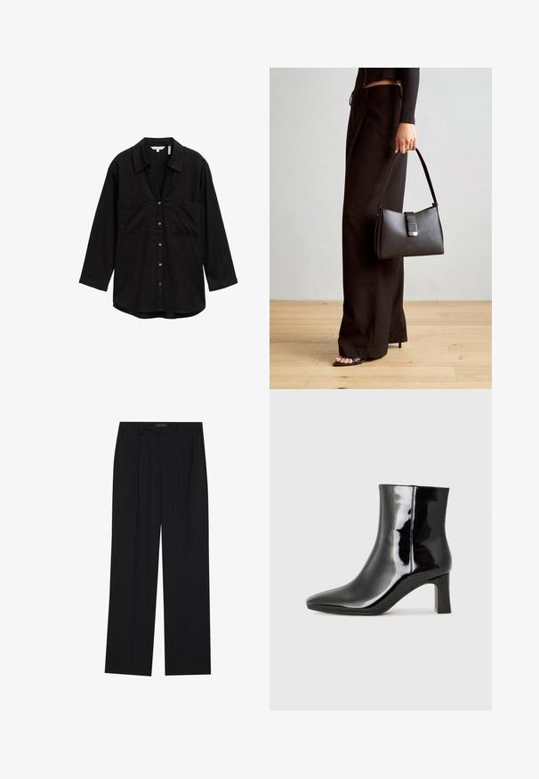 Camisa negra de manga larga en tejido ligero, con cierre de botones en la parte delantera, dos bolsillos en el pecho y un cuello clásico.; Pantalones negros con un diseño de pierna recta, que cuentan con dos bolsillos frontales y una cinturilla. Fabricados con una tela suave y ligera.; Botín de charol negro con punta afilada y un tacón de bloque de altura media. Textura suave y diseño minimalista.; Bolso negro con forma estructurada, textura suave y un cierre metálico. Combinado con pantalones anchos negros y sandalias de dedo en un suelo de madera.