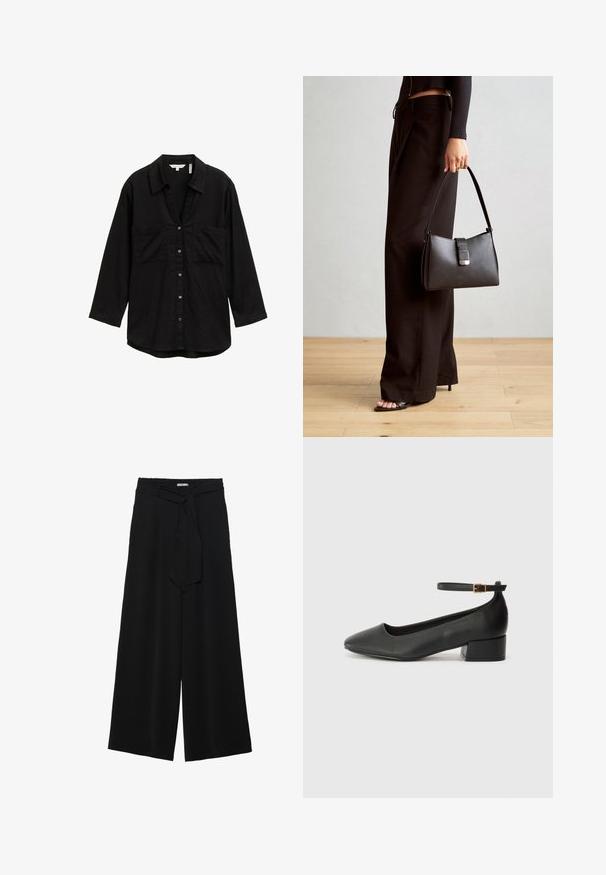 Schwarz, langärmliges Shirt aus leichtem Stoff, mit Knopfleiste, zwei Brusttaschen und klassischem Kragen.; Schwarze weite Hosen aus strukturiertem Stoff, mit elastischem Bund und einem abnehmbaren Bindegürtel in der Taille für eine verstellbare Passform.; Schwarze Lederpumps mit spitzem Zehenbereich und niedrigem Blockabsatz. Mit einem Knöchelriemen und einer goldfarbenen Schnalle. Glatte Textur.; Schwarze Handtasche mit strukturierter Form, glatter Textur und einem metallischen Verschluss. Kombiniert mit weiten schwarzen Hosen und offenen Sandalen auf einem Holzboden.