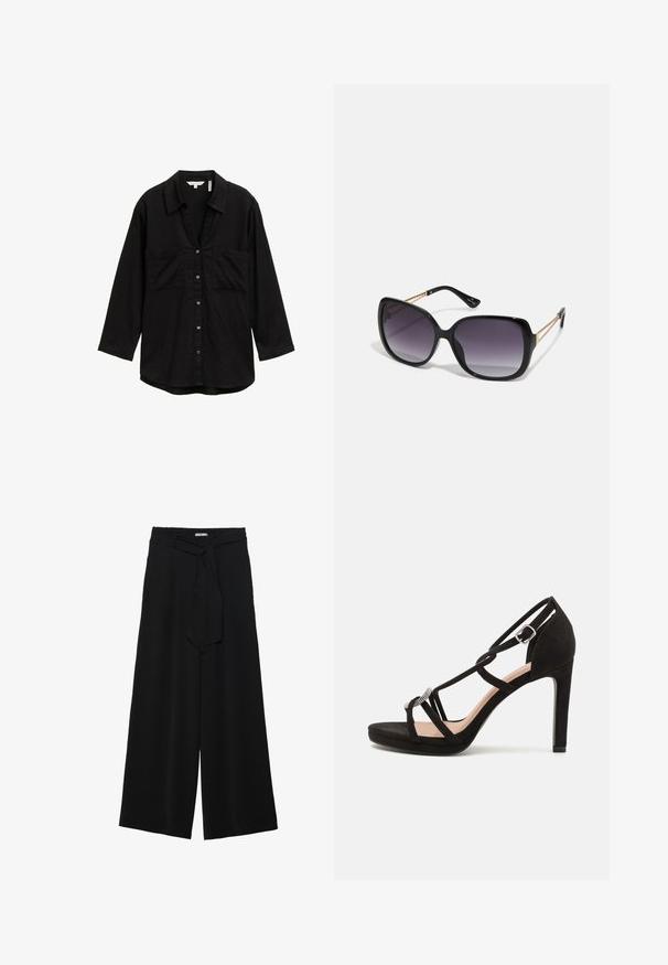 Black long-sleeve shirt in lightweight fabric, featuring a button-up front, two chest pockets, and a classic collar.; Black wide-leg pants featuring a textured fabric, an elastic waistband, and a detachable sash tie at the waist for adjustable fit.; Black suede high-heeled sandal with crisscross straps, a decorative silver-tone accent, and a platform sole for added height.; Black oversized sunglasses with gradient lenses, thick frames, and gold-tone chain detailing on the temple arms.; Silver metallic clutch with an angular envelope design, smooth texture, and contrasting interior color, held in a hand wearing a black coat.