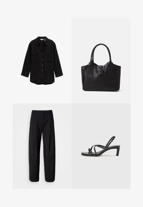 Svart långärmad skjorta i lätt material, med knappstängning fram, två bröstfickor och klassisk krage.; Svarta byxor med en avslappnad passform, veckad front och bältesloopar. Slät tyg och raka ben, med sidofickor.; Svart sandaler med remmar och fyrkantig tå samt låg blockklack. Har flera tunna remmar och en justerbar ankelrem. Tillverkad av mjukt läder.; Svart läder tote-väska med slät yta, strukturerad form, två handtag och en framträdande silverfärgad spänne på framsidan.