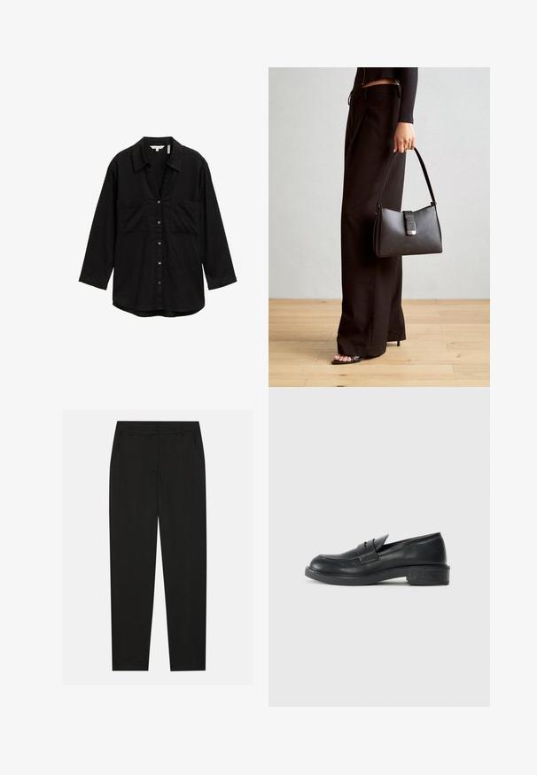 Zwarte langemouwen shirt van lichtgewicht stof, met een knoopsluiting aan de voorkant, twee borstzakken en een klassieke kraag.; Zwarte broek met een tailormade ontwerp, voorzien van zijzakken en een rechte pijp. Gemaakt van een soepele, lichte stof met een strakke afwerking.; Zwarte leren instappers met een ronde punt, gestikte details en een kleine hak. Soepele textuur en een flexibele rubberen zool.; Zwarte handtas met gestructureerde vorm, gladde textuur en een metalen sluiting. Gecombineerd met brede zwarte broeken en sandalen met open teen op een houten vloer.